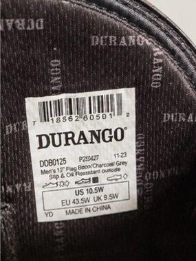 Durango Men's 12" Boot Label - Charcoal Grey